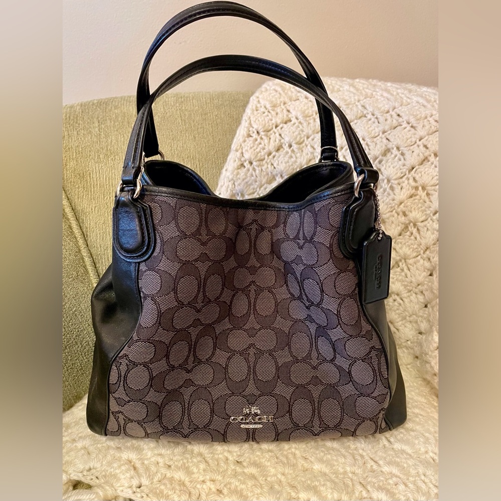Coach Black and Gray Handbag with Signature Pattern | Ellie 25